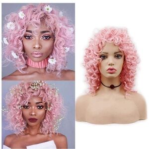 Short Afro Pink Curly Wigs